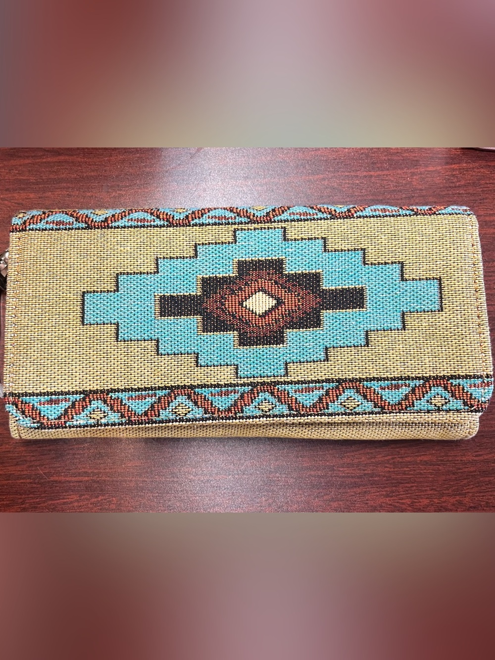 Woven Southwestern Pattern Wallet in Turquoise and Tan wristlet